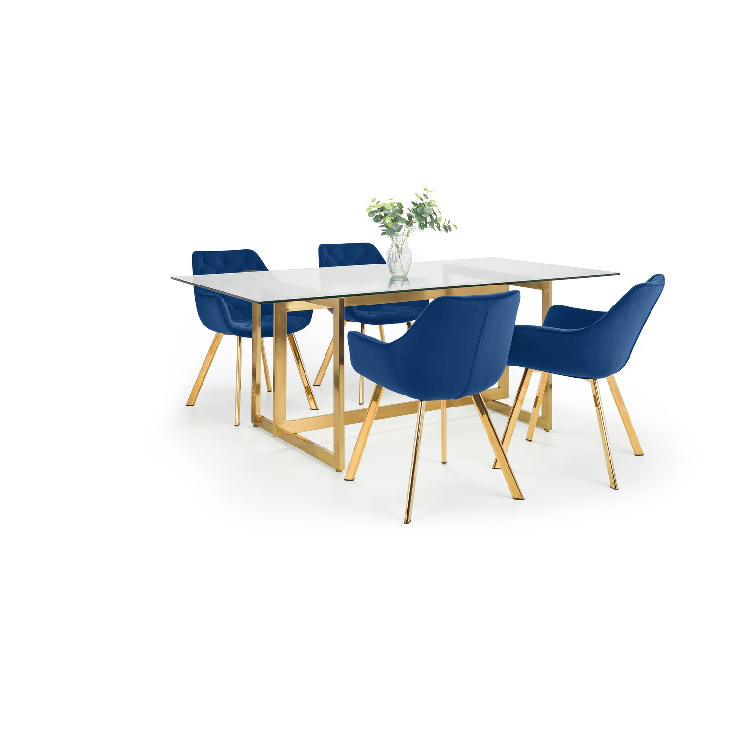 Read more about Glass top dining table with 4 navy velvet dining chairs lorenzo